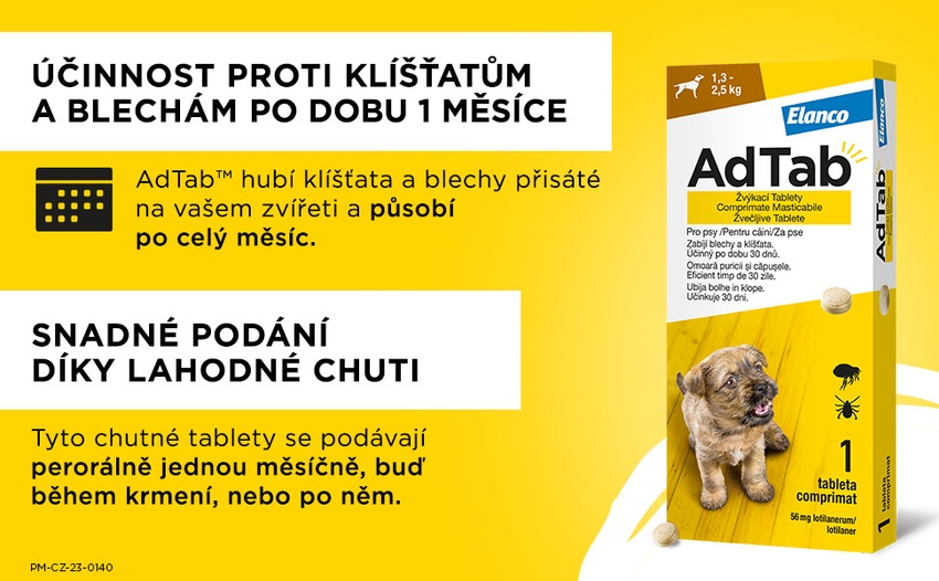 AdTab 56 mg žvýkací tablety pro psy o hmotnosti 1,3–2,5 kg. Foto 4