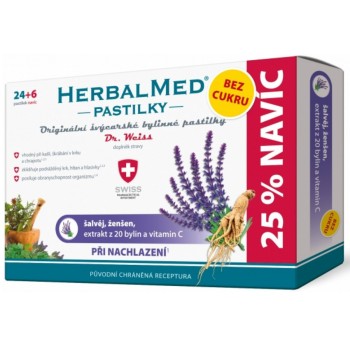 HerbalMed pastilky bez cukru Šalvěj + Ženšen + Vitamin C Dr.Weiss 24+6ks