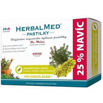 HerbalMed pastilky Islandský lišejník + Tymián + Med + Vitamin C Dr.Weiss 24+6ks