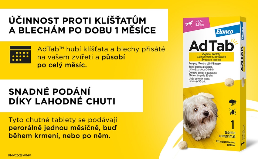 AdTab 112 mg žvýkací tablety pro psy o hmotnosti 2,5–5,5 kg. Foto 4