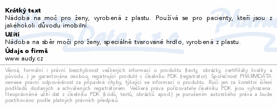 Informace o produktu:<br> Nádoba na moč ženská plastová s odměrkou 700ml