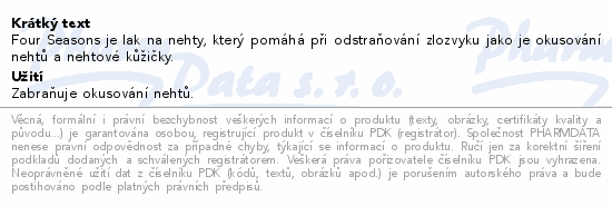 Informace o produktu:<br> Four Seasons lak proti okusování nehtů 14ml