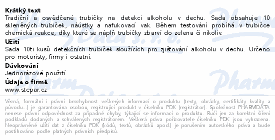 Informace o produktu:<br> ALTEST detekční trubičky na alkohol v dechu 10ks