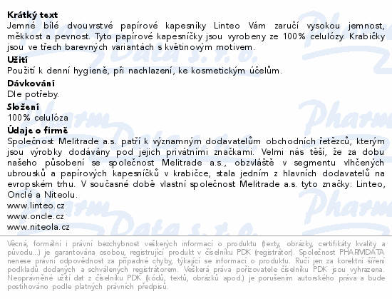 Informace o produktu:<br> Papírové kapesníky LINTEO 2-vrstvé bílé 150ks