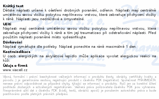 Informace o produktu:<br> VIACELL D122B Dětské obrázkové náplasti 20ks