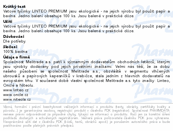 Informace o produktu:<br> Vatové tyč.LINTEO PREMIUM papír.100ks dóza