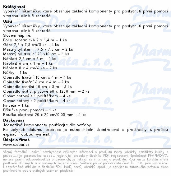 Informace o produktu:<br> Lékárnička náplň do brašny velké 30 osob
