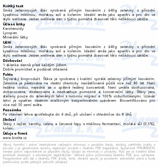 Informace o produktu:<br> Biotta Zeleninový koktejl Bio 500 ml