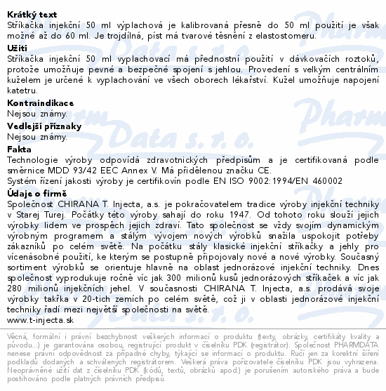 Informace o produktu:<br> Inj.střík.100ml Chirana Luer vyplach.3-dílná