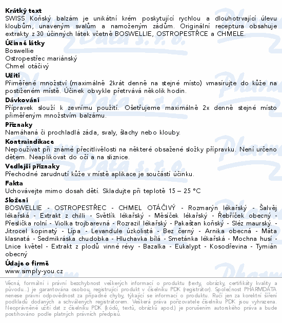 Informace o produktu:<br> Koňský balzám SWISS hřejivý 500 + 50 ml