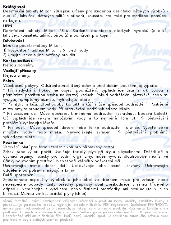 Informace o produktu:<br> Milton sterilizační tablety 28ks