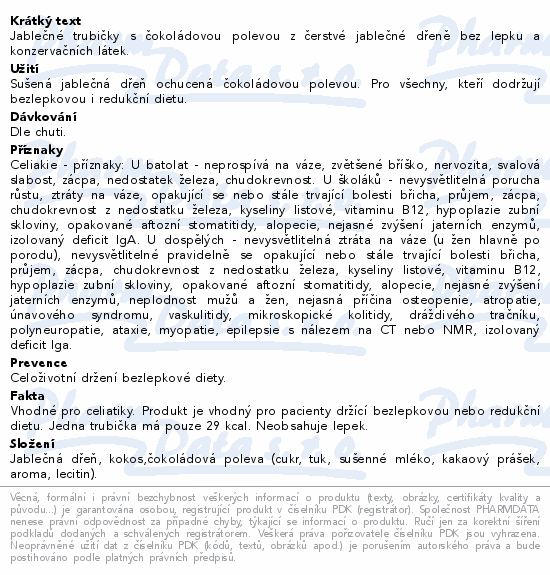 Informace o produktu:<br> Jablečné trubičky s čokoládovou polevou 24g