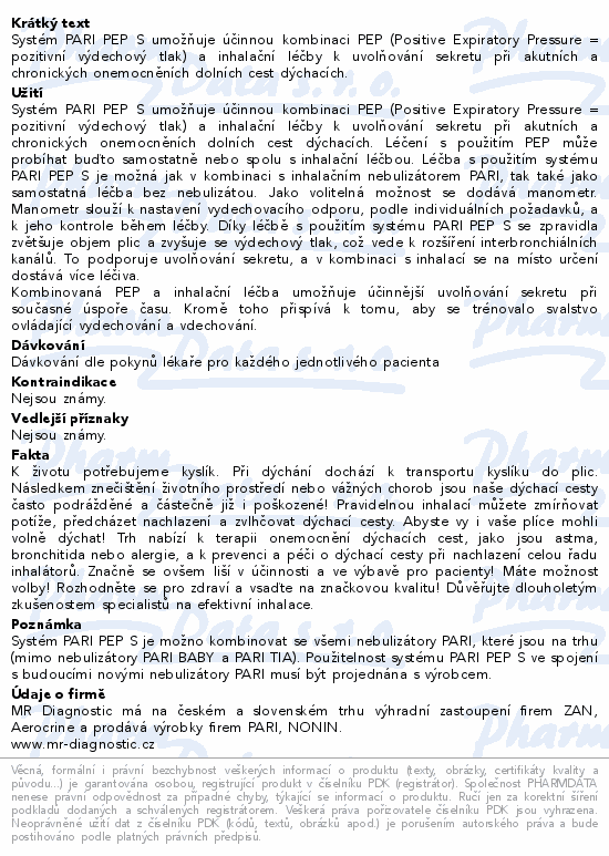 Informace o produktu:<br> PARI PEP S-System