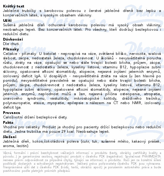 Informace o produktu:<br> Jablečné trubičky ochucené karobovou polevou 24g