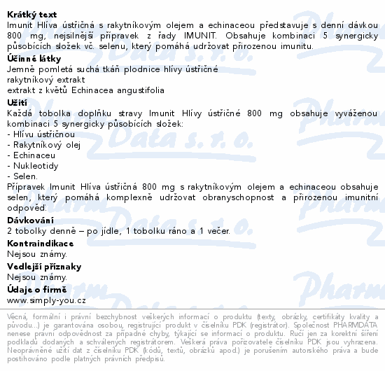 Informace o produktu:<br> Hlíva ústř.800mg s rakyt. a echi. Imunit 40+20tob
