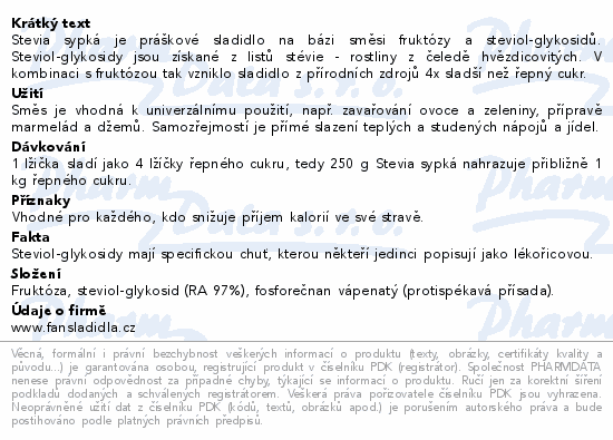 Informace o produktu:<br> Stevia stolní sladidlo 250g
