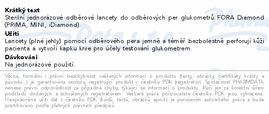 Informace o produktu:<br> Lancety ke glukometru FORA Diamond 50ks