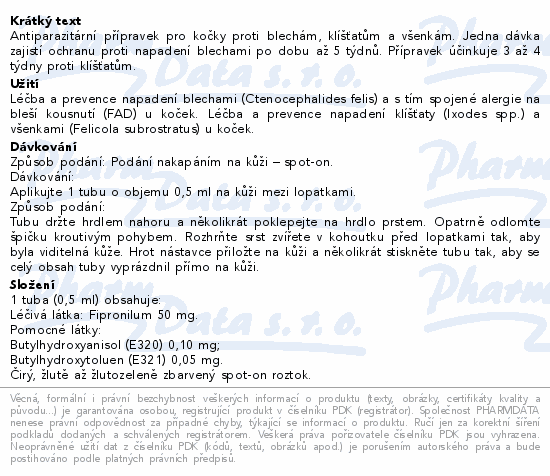 Informace o produktu:<br> FIPRON 50mg k nakapání na kůži-spot-on pro kočky