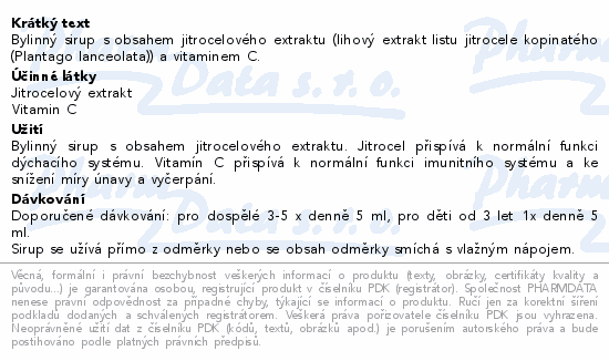 Informace o produktu:<br> Herbacos Jitrocelový sirup s vitaminem C 320g