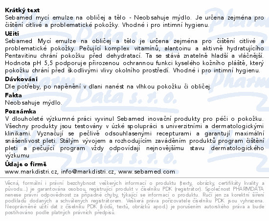 Informace o produktu:<br> SEBAMED Mycí emulze na obličej a tělo 200ml