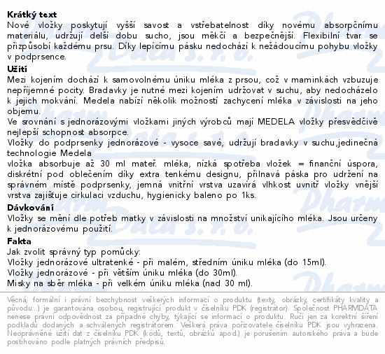 Informace o produktu:<br> Medela vložky do podprsenky jednorázové 30ks