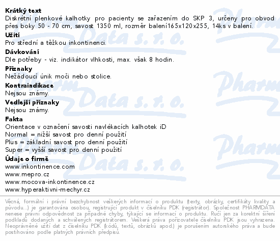 Informace o produktu:<br> iD Pants X-Small Plus 553106514 14ks