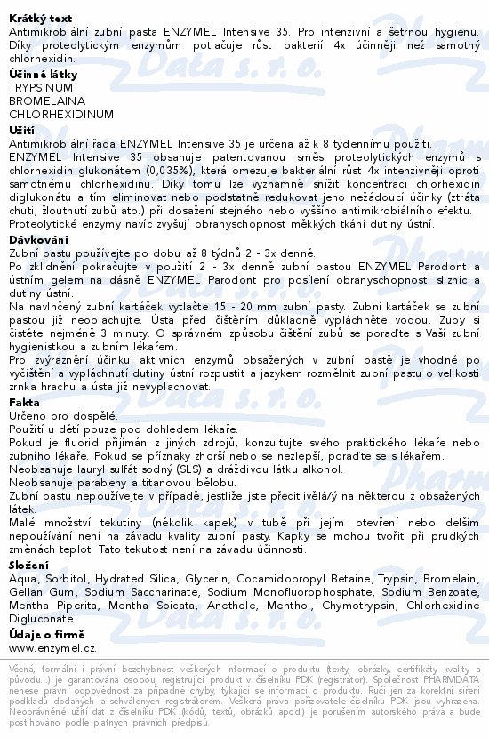 Informace o produktu:<br> Enzymel Intensive 35 zubní pasta antimikrob.75ml