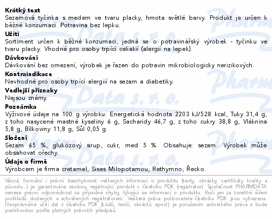 Informace o produktu:<br> Sesame + Honey bar 45g - sezam a med