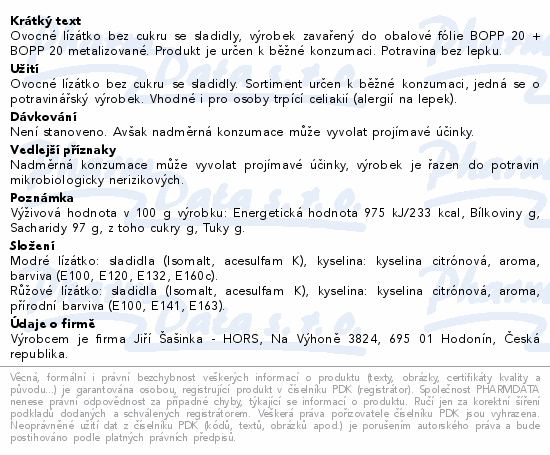 Informace o produktu:<br> Lízátko bezlepkové bez cukru 10g
