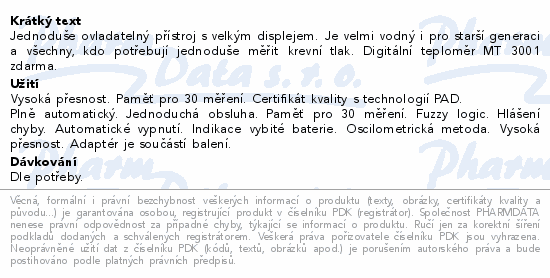 Informace o produktu:<br> Microlife Tlakoměr BP 3AG1 s teploměrem MT 3001