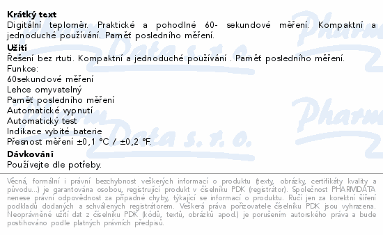 Informace o produktu:<br> Microlife Teploměr MT 3001 digitální 60 sekundový