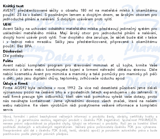 Informace o produktu:<br> AVENT Sáčky na mateřské mléko 180ml 25ks