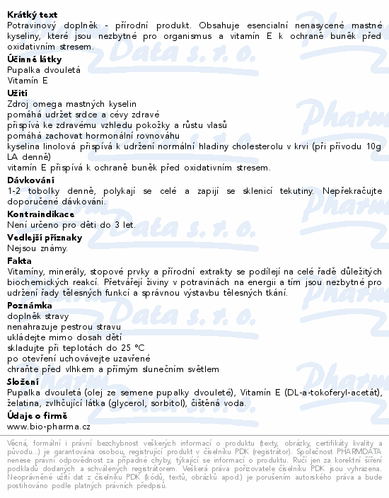 Informace o produktu:<br> Pupalka dv.500mg Vit.E 50mg tob.100+30 Bio-Pharma