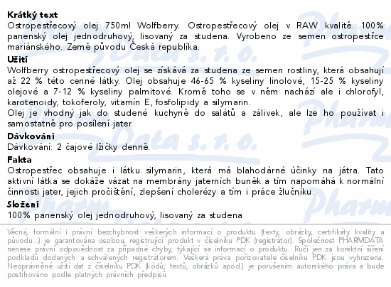 Informace o produktu:<br> Ostropestřecový olej 750ml Wolfberry