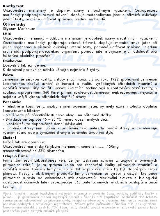 Informace o produktu:<br> JAMIESON Ostropestřec mariánský Sylibum mar.tbl.90