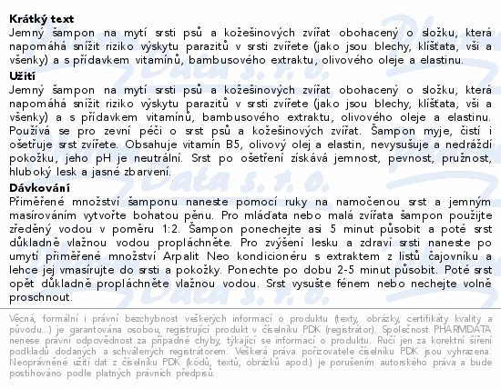 Informace o produktu:<br> Arpalit NEO šampon s antiparazitární složkou 500ml