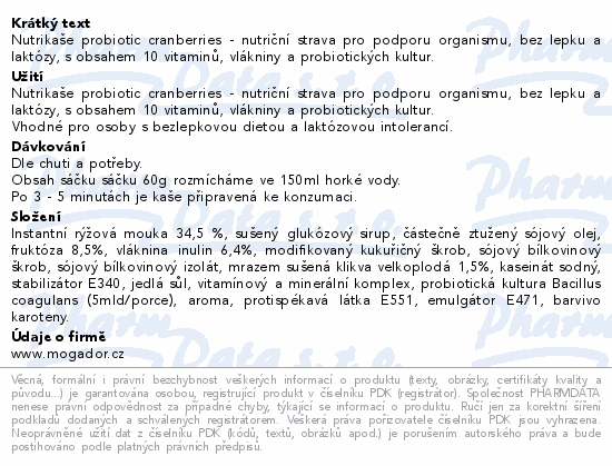Informace o produktu:<br> Nutrikaše probiotic cranberries 180g (3x60g)