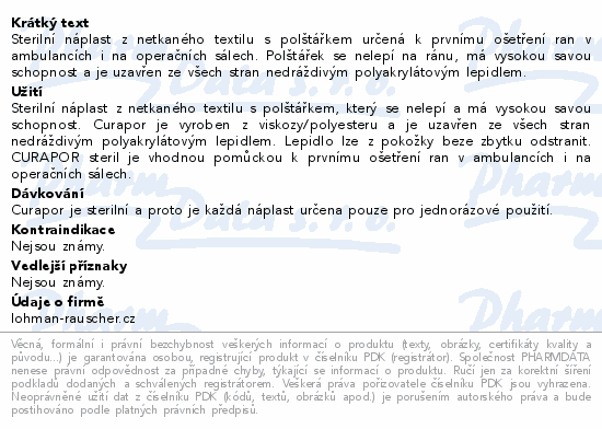 Informace o produktu:<br> Náplast Curapor steril 10x34cm 1ks REF 32918