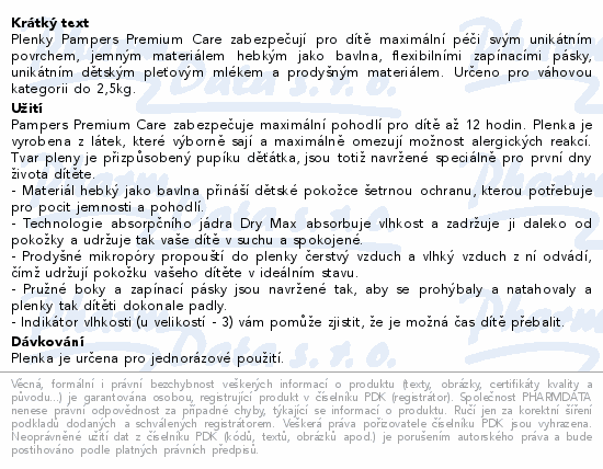 Informace o produktu:<br> Pampers Premium Care Pack S0 Newborn 30ks