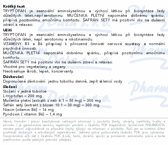 Informace o produktu:<br> L-TRYPTOFAN 200mg+šafrán+mučenka SETARIA 30tobolek