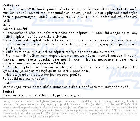 Informace o produktu:<br> Hřejivá náplast WUNDmed 1ks 13x9.5cm