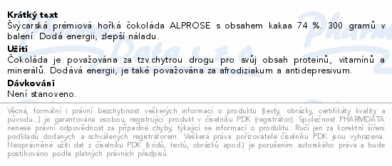 Informace o produktu:<br> ČOKOLÁDA ALPROSE hořká 74% kakaa 300g