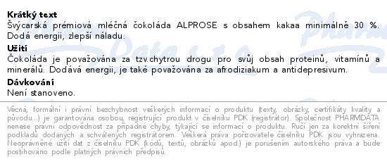 Informace o produktu:<br> ČOKOLÁDA ALPROSE mléčná 300g
