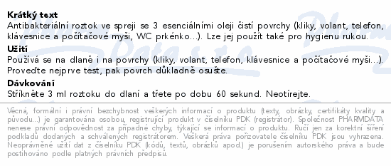 Informace o produktu:<br> PURESSENTIEL Čisticí antibakt.roztok sprej 80ml