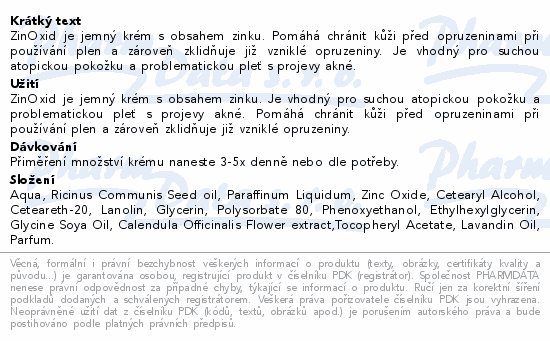 Informace o produktu:<br> ZinOxid kožní ochranný krém 120g