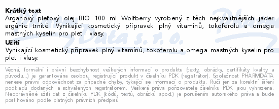 Informace o produktu:<br> Arganový kosmetický olej BIO 100ml Wolfberry