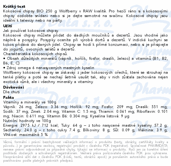 Informace o produktu:<br> Kokos chips raw BIO 250g Wolfberry