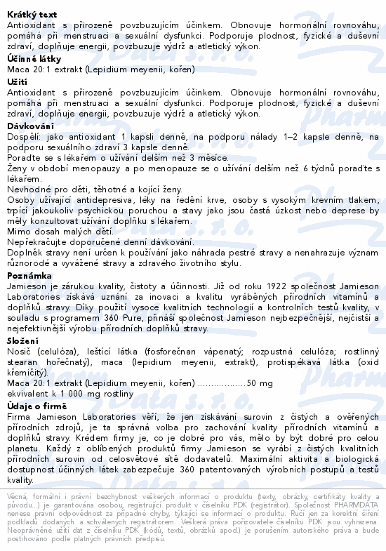 Informace o produktu:<br> JAMIESON Maca 1000mg cps.45
