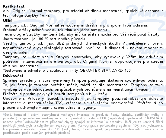 Informace o produktu:<br> o.b. tampony Original Normal 16ks