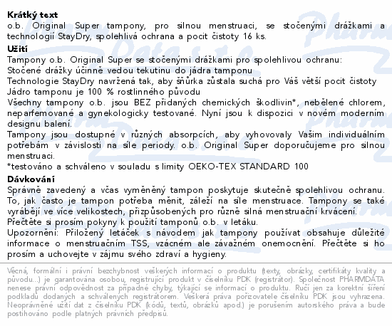 Informace o produktu:<br> o.b. tampony Original Super 16ks
